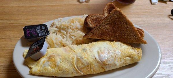 Ham, cheese and onion omlet, wheat toast and hash browns