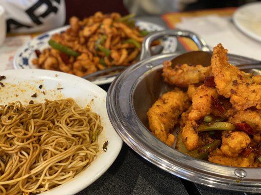 Xiang La Dry Fish Filet, Dan Dan Noodles,  Smoky Hot Chicken with Cayenne