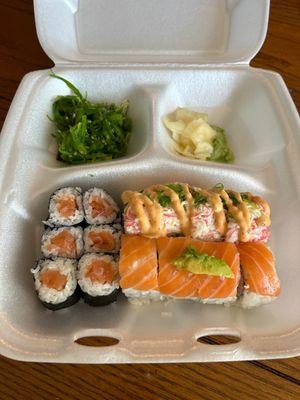 Seaweed salad, ginger, tsunami roll, Oregon roll, Salmon Roll