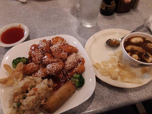 Lunch portion sesame chicken, hot sour soup