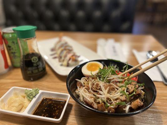 Small chashu bowl and shrimp tempura crunchy roll.