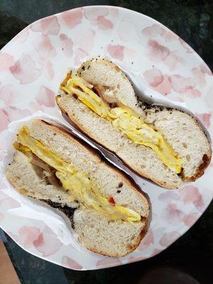 Egg, bacon and cheese on Bialy bagel