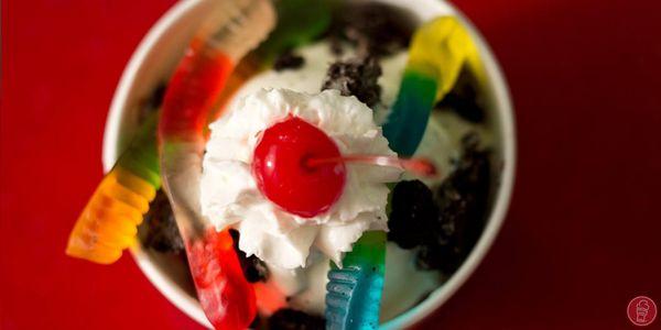 Frozen Custard with Gummy Worms, Whipped Cream, and Cherry on top