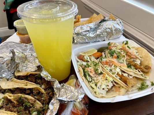 Agua de Pina with fish Tacos, Carne Asada Tacos and free Chips