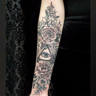 All seeing eye black and grey tattoo