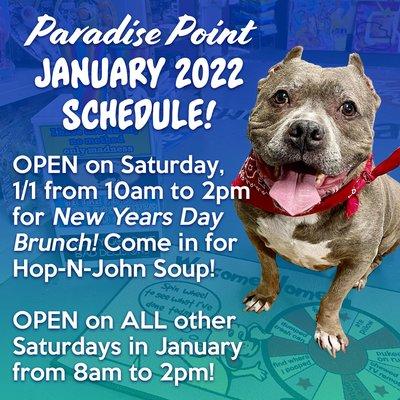 Open 1/1, 2022 from 10am to 2pm for New Years Day brunch, Hop-N-John Soup! Open Saturdays in Jan: 8th, 15th, 22nd, 29th from 8am to 2pm!