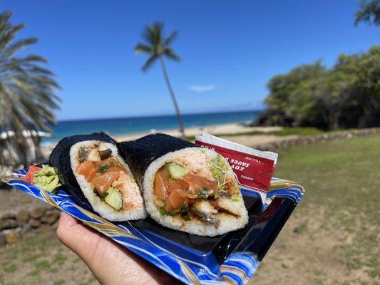 Unagi and salmon sushi burrito made to order