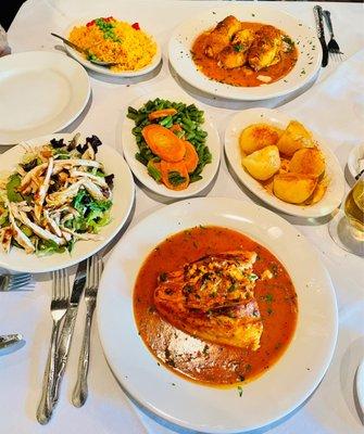 Salmon & Flounder stuffed w/crabmeat, chicken salad, stew green beans w/carrots, saffron rice w/peas & seasoned potatoes