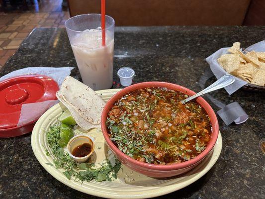 Menudo with homemade corn tortillas and fresh horchata!