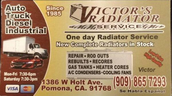 Victor's Radiator Service Business card