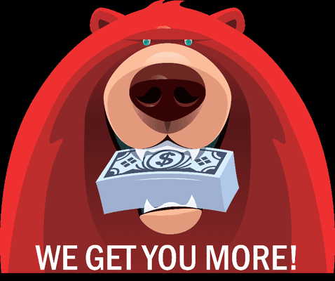 Bear with a stack of money in its mouth and text reading "We Get You More"