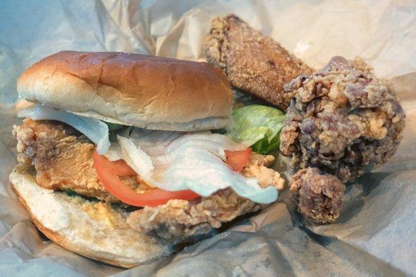 From Combo B: Rock CooCoo sandwich (left) and two garlic aoli wings (right). Shown without shoestring fries and soft drink. $17.15 with tax.