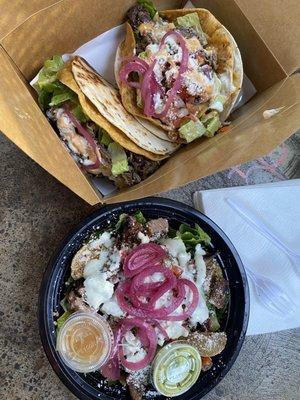 Tacos locos (carnitas) & taxicano bowl with carne asada.