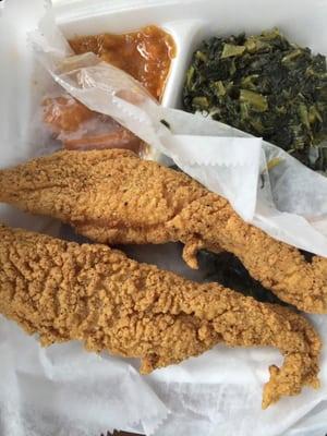 Mustard greens, fried fish and candied yams