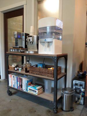 Water, tea, coffee station for clients