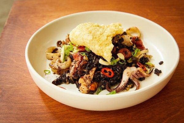 Chaulafan: wild black rice, chicken, spicy sausage, shrimp, calamari, egg, salsa verde