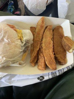 Cheese burger and tater wedges,