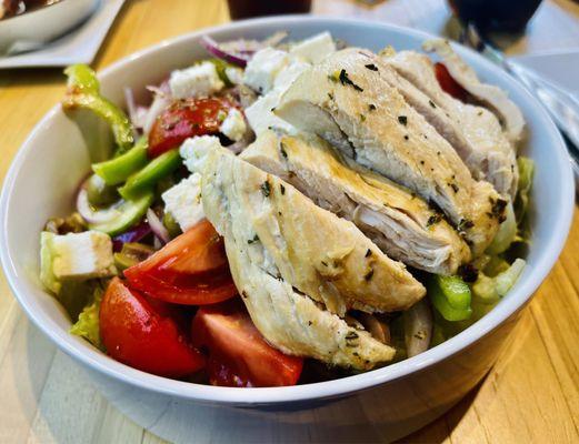 Traditional Greca salad bowl ($15) with added grilled lemon chicken ($5)