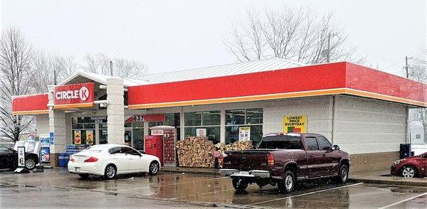 Store front sells wood, ice, windshield washer and Red Box