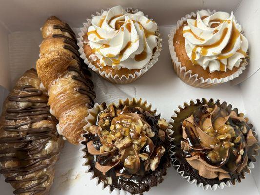 Nutella croissants, salted caramel cupcakes, and chocolate caramel turtle cupcakes.