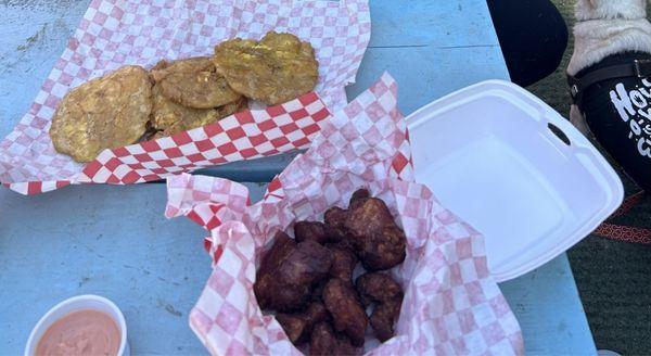 Fried pork, Tostones with mayoketchup. Yum