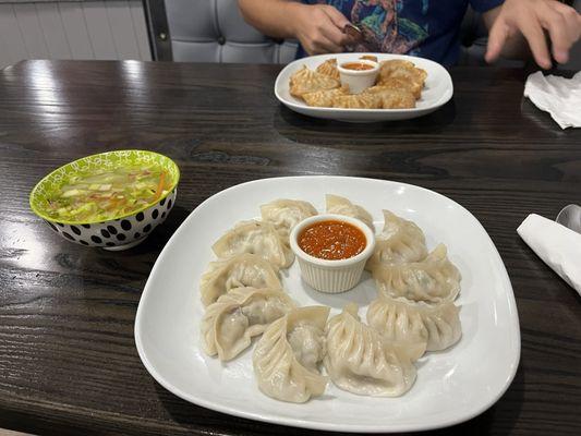 Steamed chicken momo with soup and fried pork momo