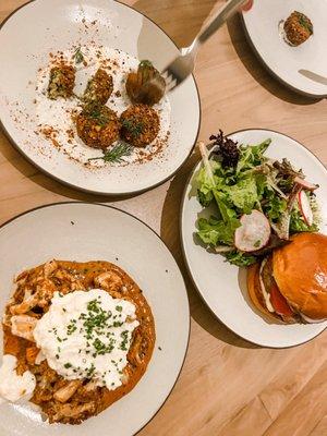 Cauliflower burrata, lamb burger and falafel