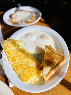 The Bull rider. Chicken fried chicken 3 eggs hash browns, Texas toast. Fantastic! Get it! :)...