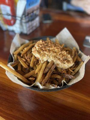 Created crabby fries. Crab dip on top of fries (they were out of the pretzel bites)