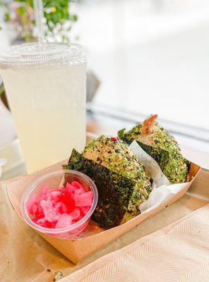 Chicken Teriyaki Onigiri Sweet and Spicy Bacon Avocado Onigiri Lychee Lemonade