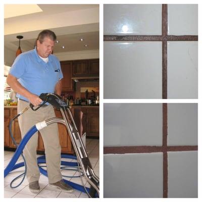 Jeff Cleaning kitchen tile. Before and after.