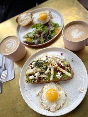 Avo toast, breakfast sandwich and lattes