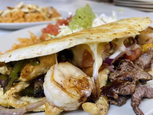 L#10- Grilled Meat Quesadilla, rice and salad.