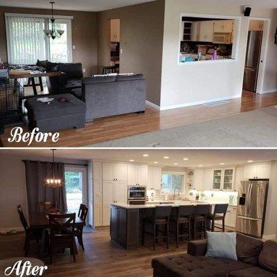 Removing walls to open up this beautiful kitchen in Portland Oregon. Maple painted cabinets and quartz countertops.