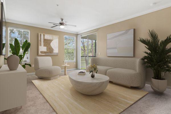 Spacious carpeted living room with a ceiling fan, sliding glass door to a private balcony, and two large windows at Lantower Cypress Creek.