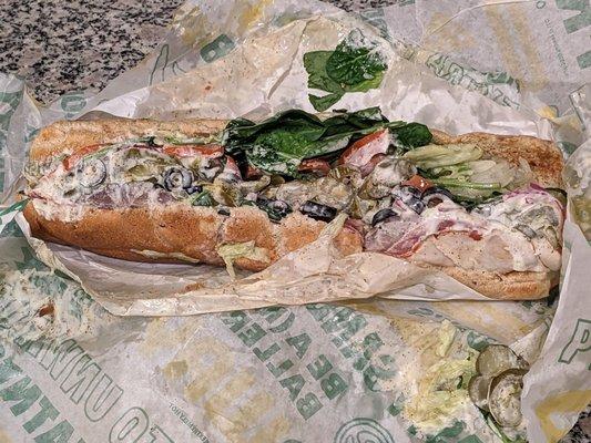 #30 Beast footlong with extra veggies and sauces. Messy sandwich! They really went overboard on the sauces