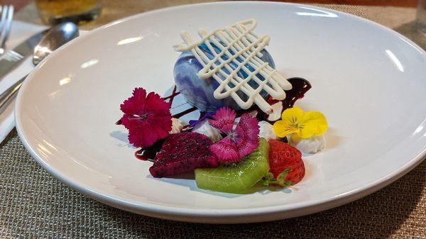 Blueberry mousse with an assortment of fruits