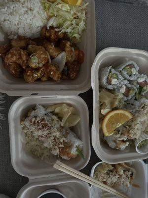 Mango chicken bento box, shrimp tempura roll, Philadelphia Roll