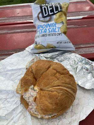 Ham salad sandwich with sea salt kettle chips.