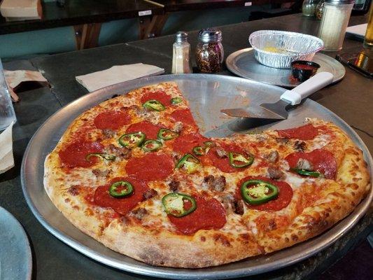 Pepperoni, sausage and jalapenos.