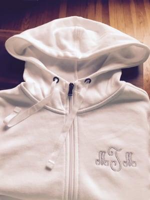 Monogrammed a white hoodie sweater for my sister to wear getting ready on her wedding day. So happy with how it turned out!  :)