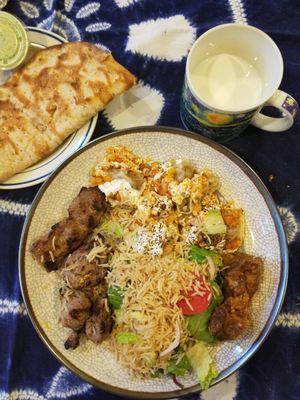 Mantu, Kobedah Lamb Kabob with brown Basmati rice & eggplant, naan, Ayran.