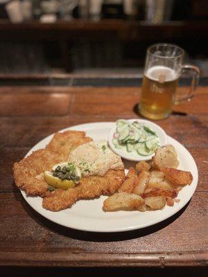 Pork Schnitzel Holstein w/potato and cucumber dill salad