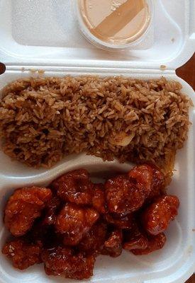 Sesame chicken and shrimp fried rice