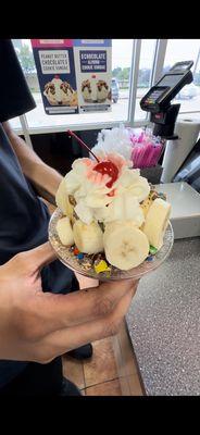 1/3 Banana Split - vanilla ice cream, banana, caramel drizzle, m&ms, cherry and whipped cream