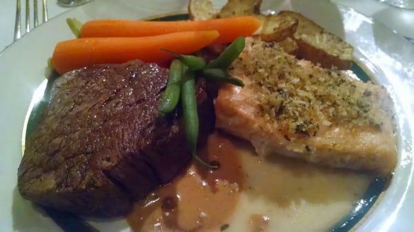 Filet and salmon, perfectly cooked.