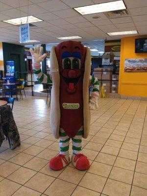 Frankster is at Champlain Nathan's for Nickel Hot Dog Tuesday