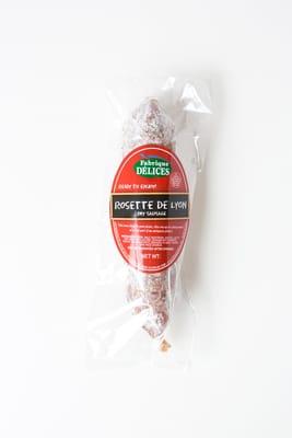 Rosette de Lyon Dry Sausage: Made from blended pork meat with fresh garlic, sea salt and black peppercorn. Cured 30 days and then hand tied.