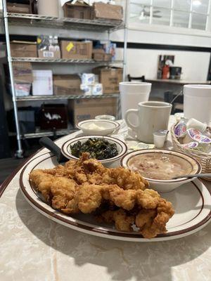 Fried chicken breast with pintos and collards