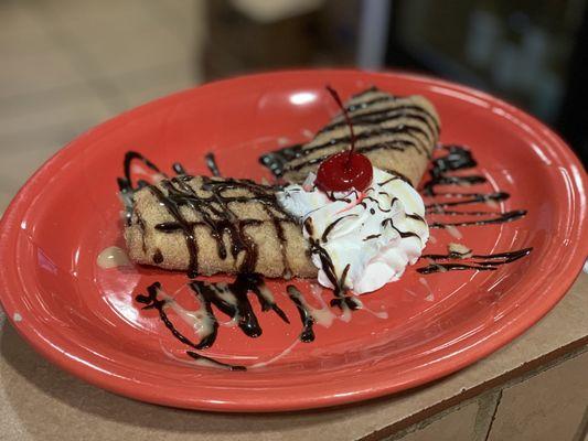 Cheesecake chimi with chocolate & lechera drizzle